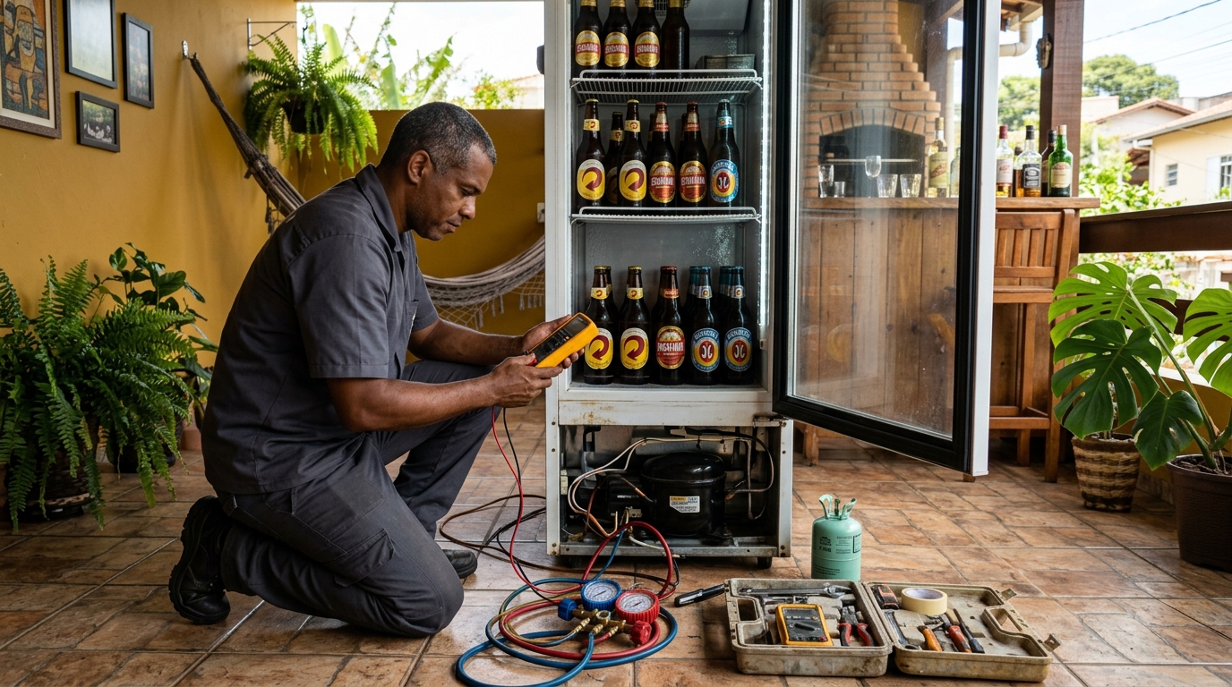 Placa eletrônica de cervejeira em reparo na bancada em Niterói‑RJ
