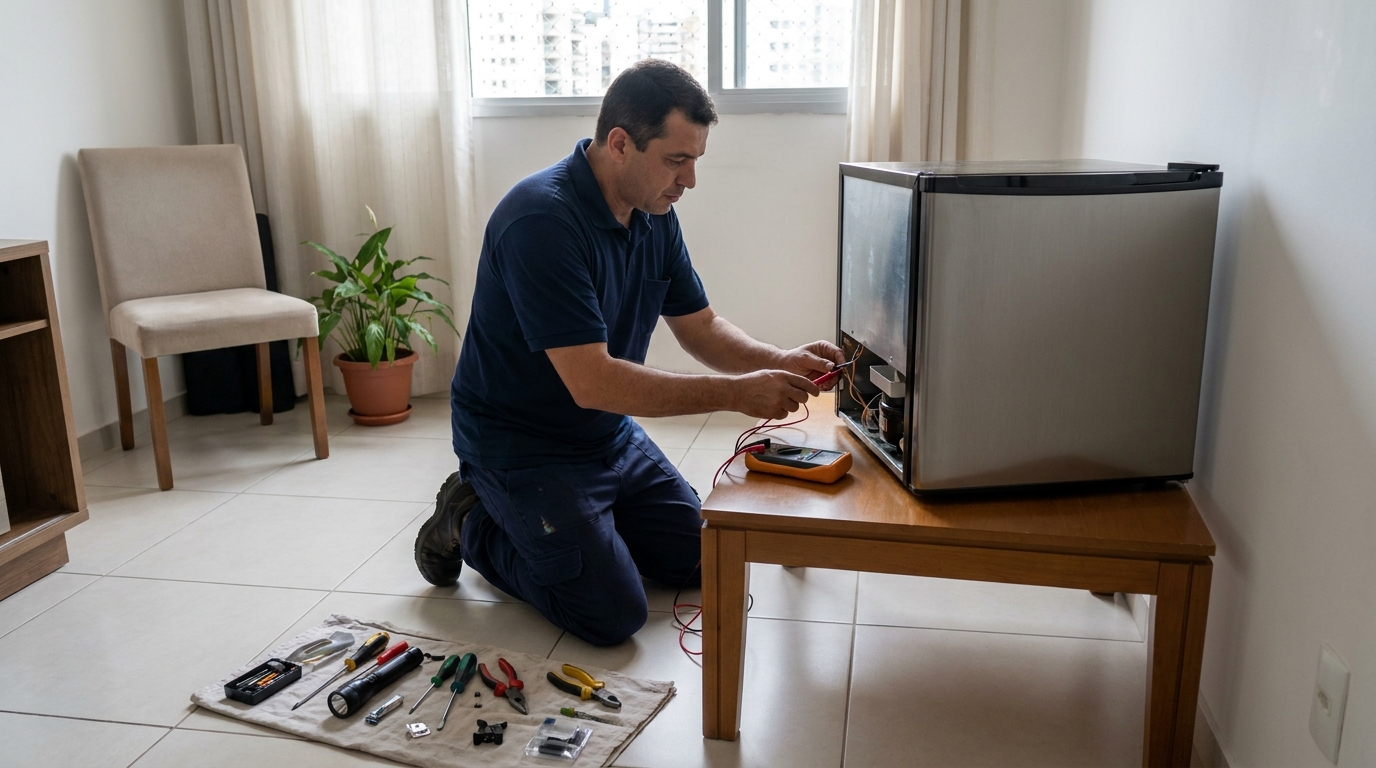 Técnico revisando o motor de um frigobar em Niterói‑RJ