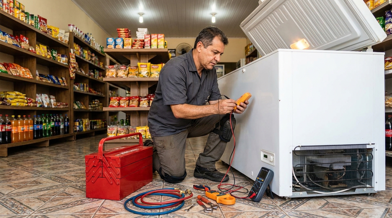 Manômetro conectado ao circuito durante recarga de gás de freezer em Niterói‑RJ