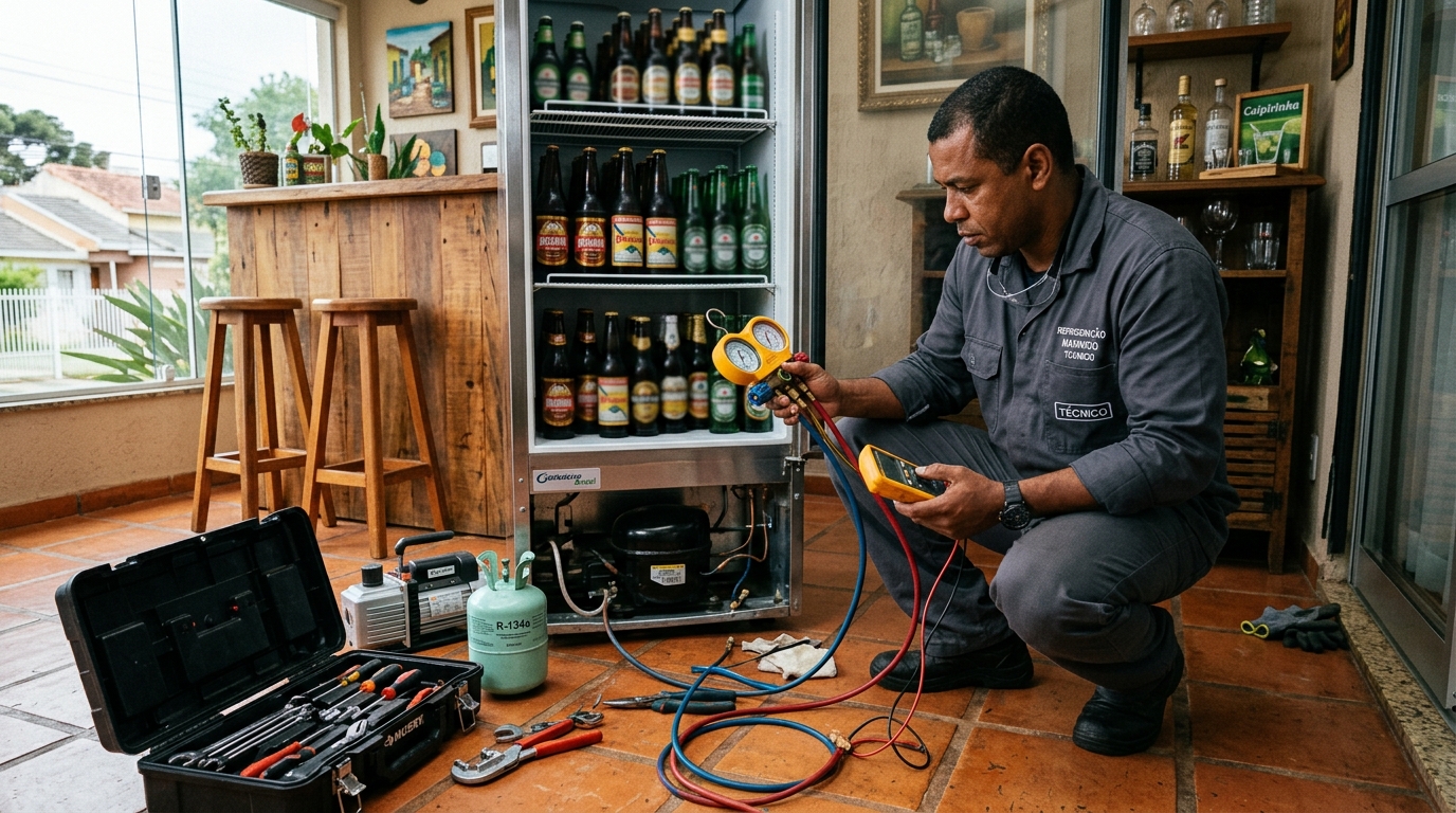Técnico conferindo a temperatura de uma cervejeira durante atendimento em Niterói‑RJ