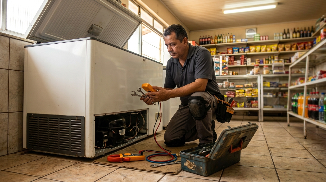 Técnico avaliando um freezer vertical durante atendimento em Niterói‑RJ